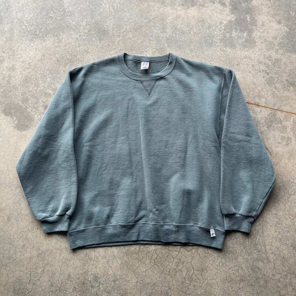 Russell Athletic Crewneck Sweatshirt Teal Green Vintage V-Notch Large